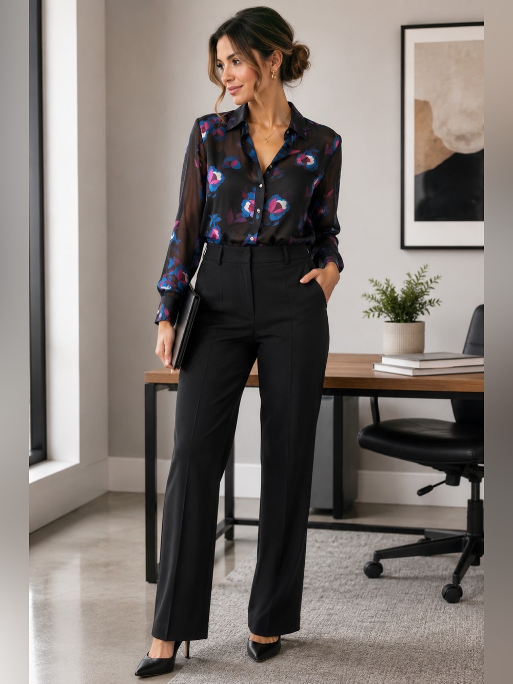 Haver London Semi Sheer Floral Button Front Blouse Black Blue Pink LG